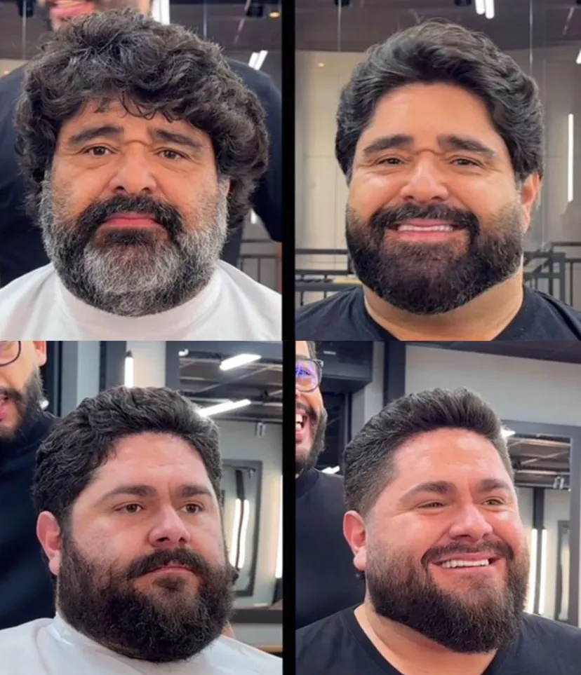 Cliente antes e depois: corte e barba ajustados ao formato do rosto